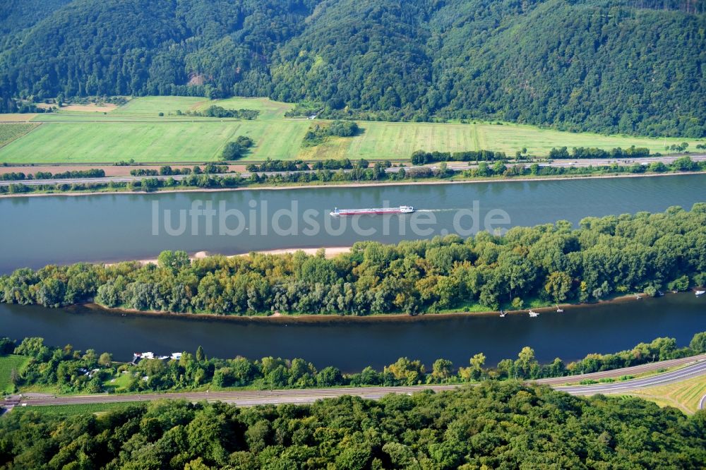 Oberhammerstein von oben - Uferbereiche am Flußverlauf des Rhein in Oberhammerstein im Bundesland Rheinland-Pfalz, Deutschland