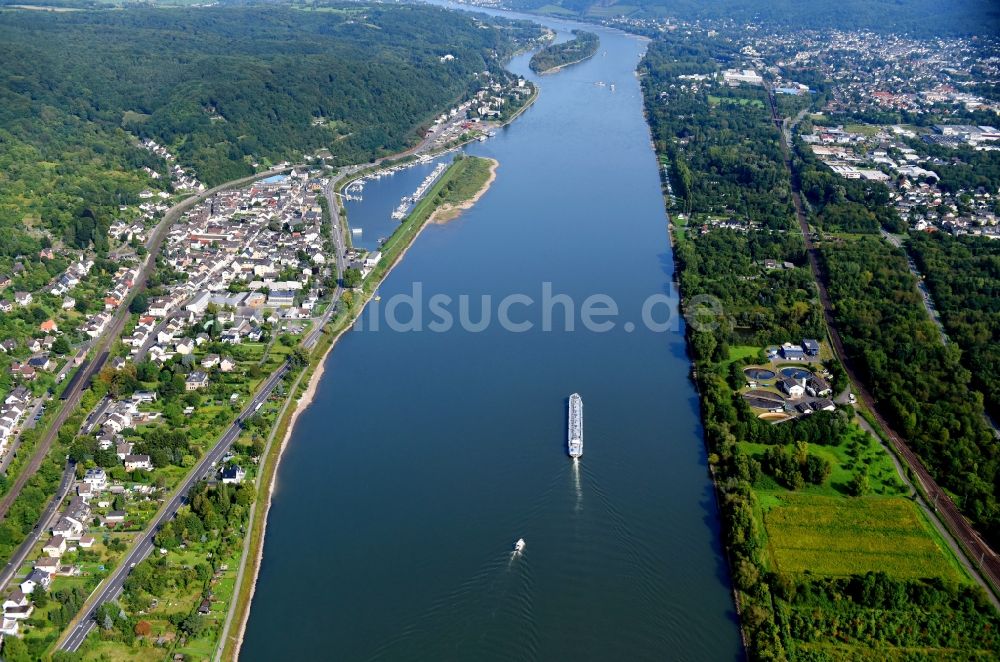 Remagen von oben - Uferbereiche am Flußverlauf des Rhein im Ortsteil Oberwinter in Remagen im Bundesland Rheinland-Pfalz, Deutschland