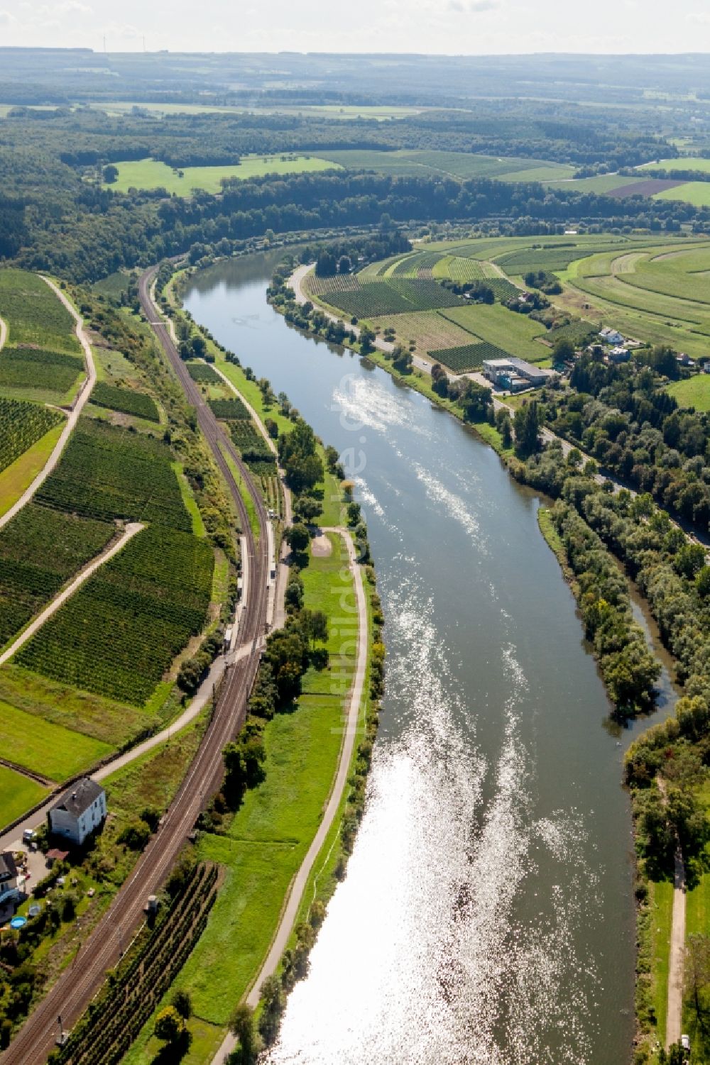 Wehr von oben - Uferbereiche am der Mosel zwischen Luxemburg und Pfalz Flußverlauf in Wehr im Bundesland Rheinland-Pfalz, Deutschland