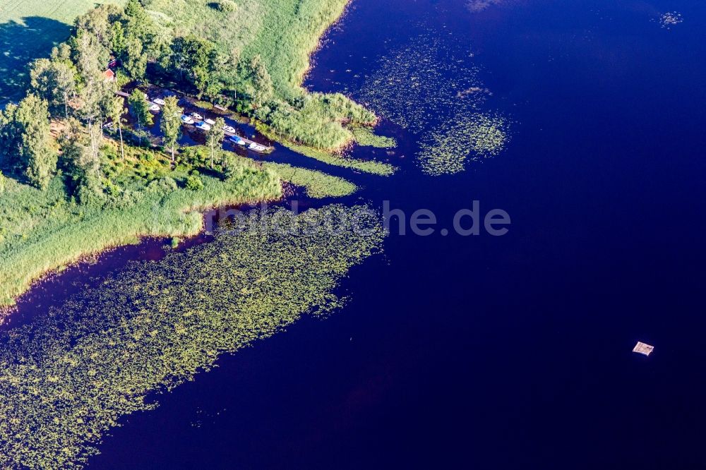 Luftaufnahme Hunna - Uferbereiche mit Seerosen, Bootsanlege- und Badestelle des moorfarbenen Åsnen-See (Småland) in Hunna in Kronobergs län, Schweden