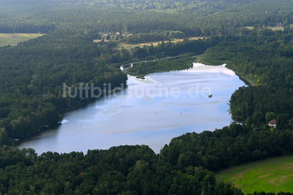 Luftaufnahme Gräbendorf - Uferbereiche des Sees Frauensee in einem Waldgebiet in Gräbendorf im Bundesland Brandenburg, Deutschland