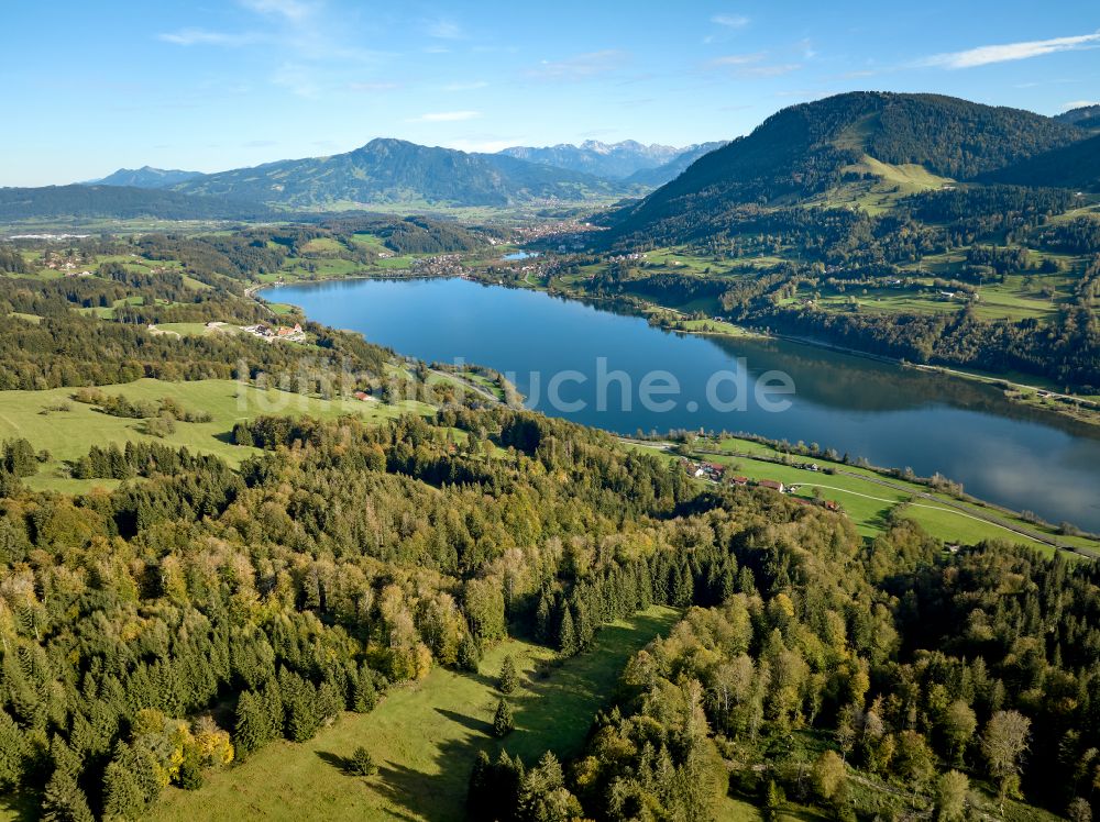 Immenstadt im Allgäu aus der Vogelperspektive: Uferbereiche des Sees Großer Alpsee im Tal der Berglandschaft in Immenstadt im Allgäu im Bundesland Bayern, Deutschland