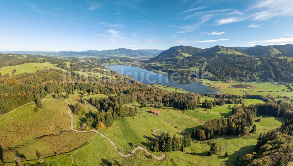 Luftbild Immenstadt im Allgäu - Uferbereiche des Sees Großer Alpsee im Tal der Berglandschaft in Immenstadt im Allgäu im Bundesland Bayern, Deutschland