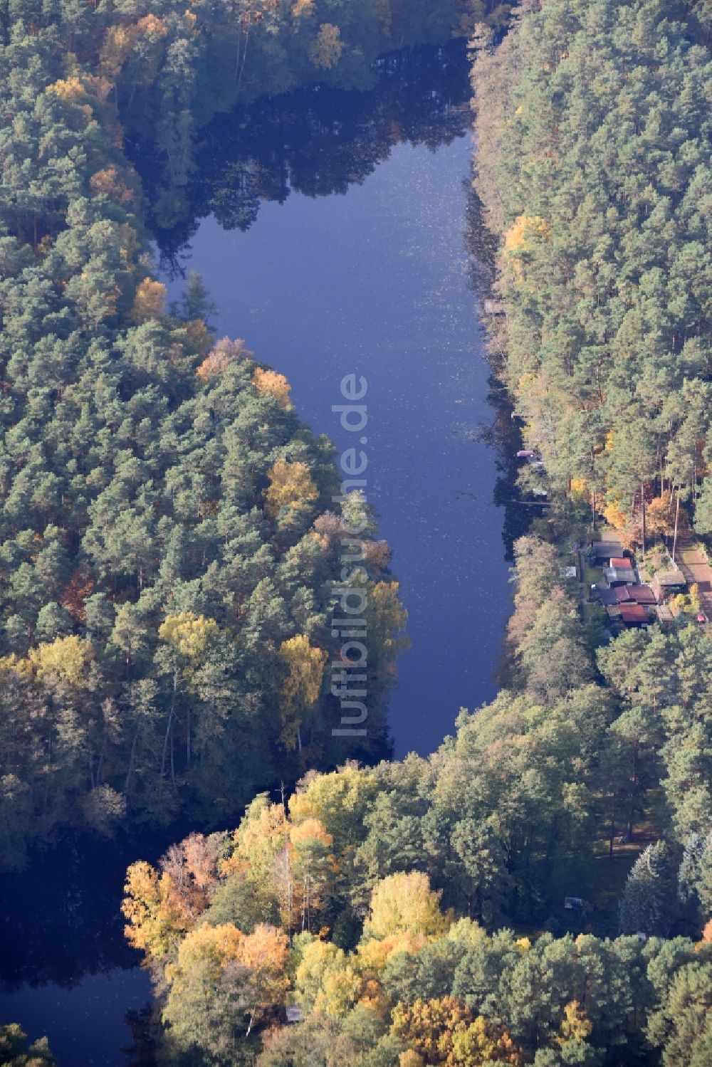 Grünheide (Mark) aus der Vogelperspektive: Uferbereiche des Sees Kiessee in Grünheide (Mark) im Bundesland Brandenburg