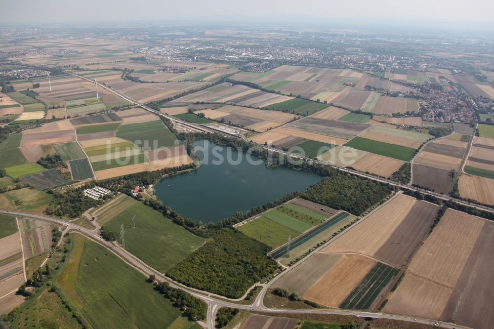 Luftaufnahme Lambsheim - Uferbereiche des Sees Lambsheimer Weiher in Lambsheim im Bundesland Rheinland-Pfalz