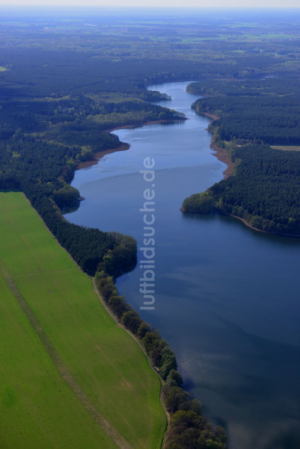 Luftbild Templin - Uferbereiche des Sees Lübbesee in einem Waldgebiet in Templin im Bundesland Brandenburg, Deutschland