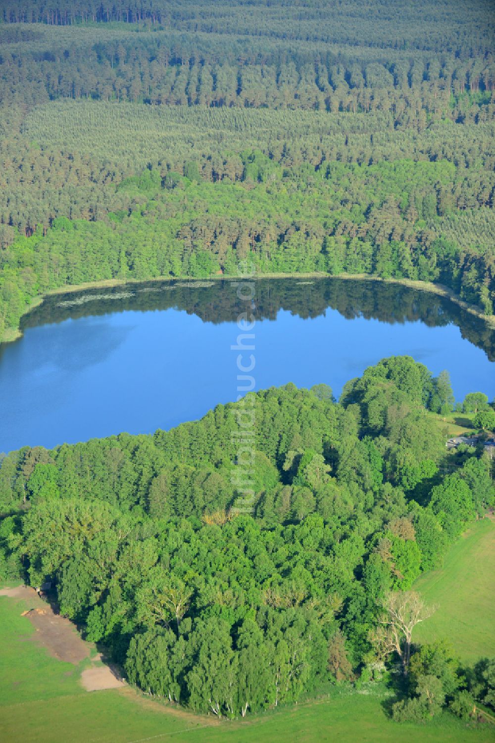 Luftbild Linde - Uferbereiche des Sees Lindesee in einem Waldgebiet in Linde im Bundesland Brandenburg, Deutschland