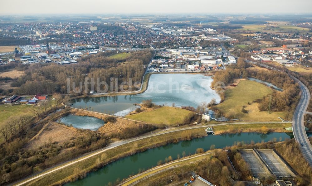 Luftaufnahme Hamm - Uferbereiche des Sees Radbodsee im Ortsteil Bockum-Hövel in Hamm im Bundesland Nordrhein-Westfalen, Deutschland