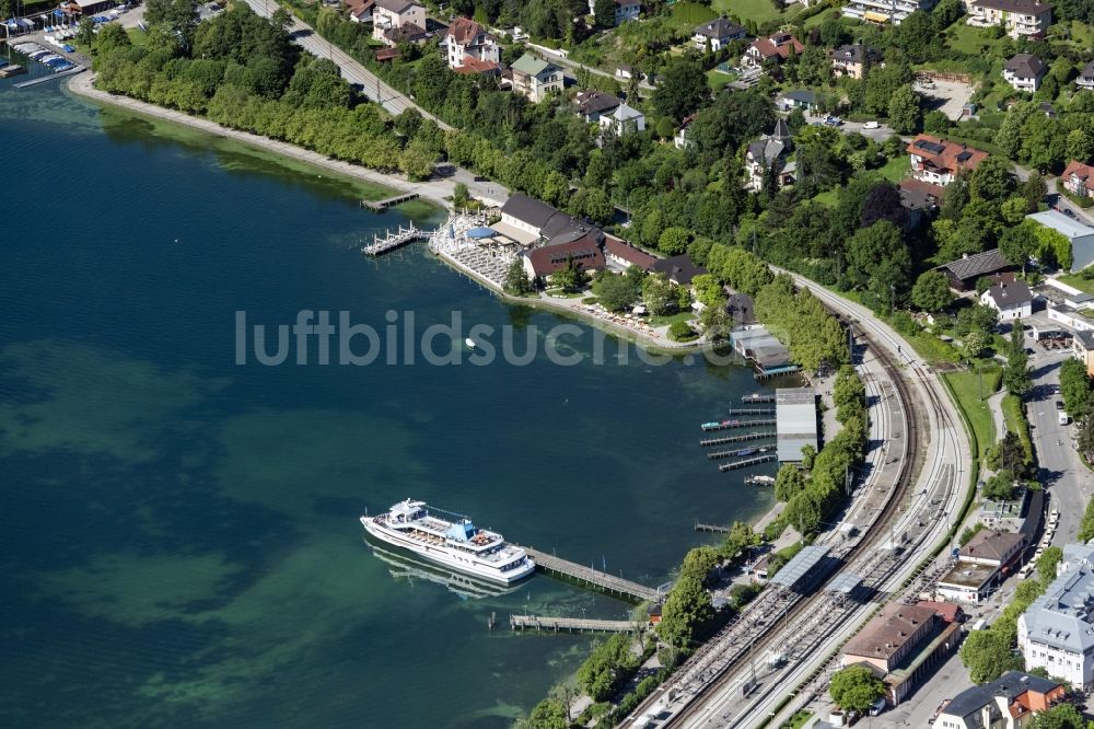 Starnberg von oben - Uferbereiche des Sees Starnberger See und der Schiffsanlagesteg der Bayerischen Seenschifffahrt in Starnberg im Bundesland Bayern, Deutschland