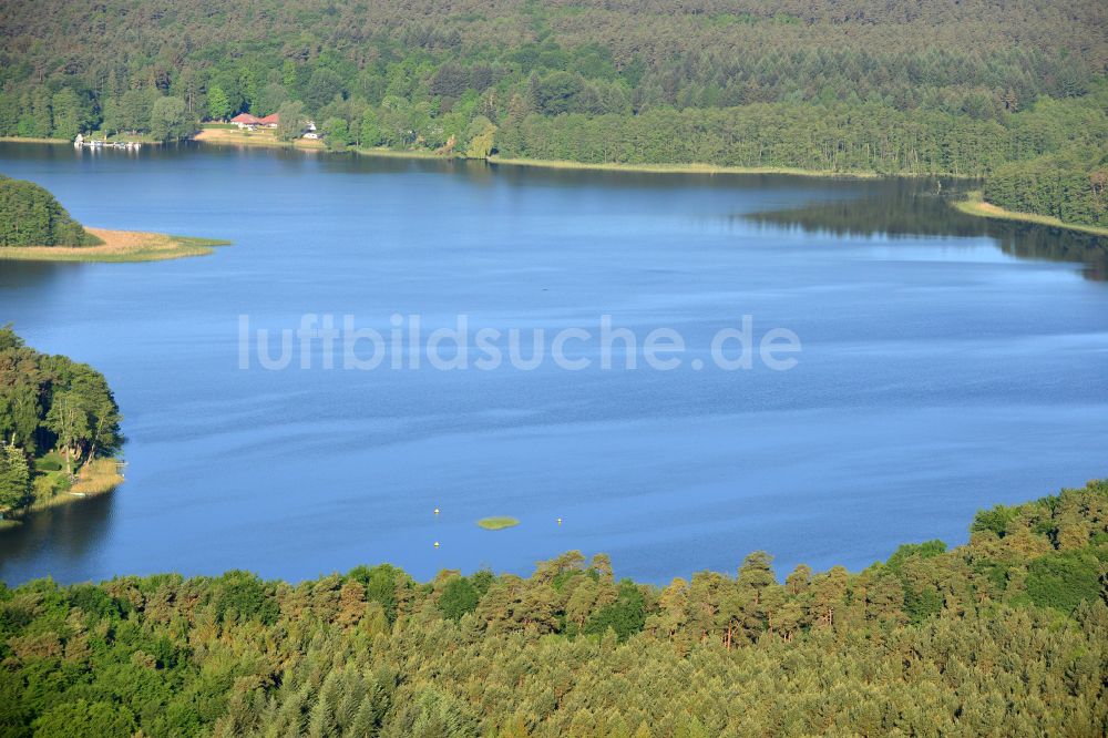 Krangen aus der Vogelperspektive: Uferbereiche des Sees Zermützelsee in einem Waldgebiet in Krangen im Bundesland Brandenburg, Deutschland