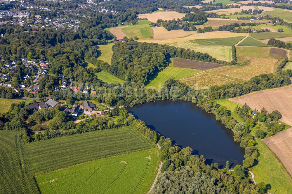 Heiligenhaus von oben - Uferbereiche des Teichanlagen zur Fischzucht Abtskücher Teich in Heiligenhaus im Bundesland Nordrhein-Westfalen