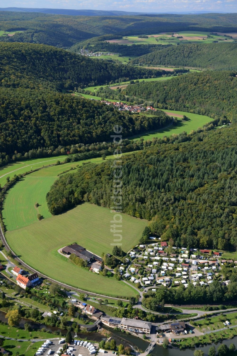 Luftaufnahme Gräfendorf - Uferbereiche am Verlauf der Fränkischen Saale Flußverlauf in Gräfendorf im Bundesland Bayern