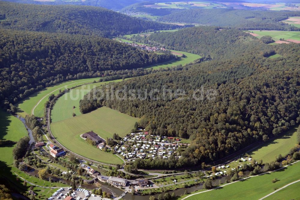 Gräfendorf von oben - Uferbereiche am Verlauf der Fränkischen Saale Flußverlauf in Gräfendorf im Bundesland Bayern