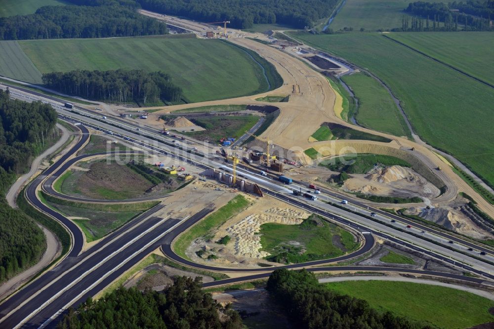 Wöbbelin von oben - Um- und Ausbau des AD Autobahndreieck Schwerin an der BAB Autobahn A14 und A24 bei Wöbbelin in Mecklenburg-Vorpommern