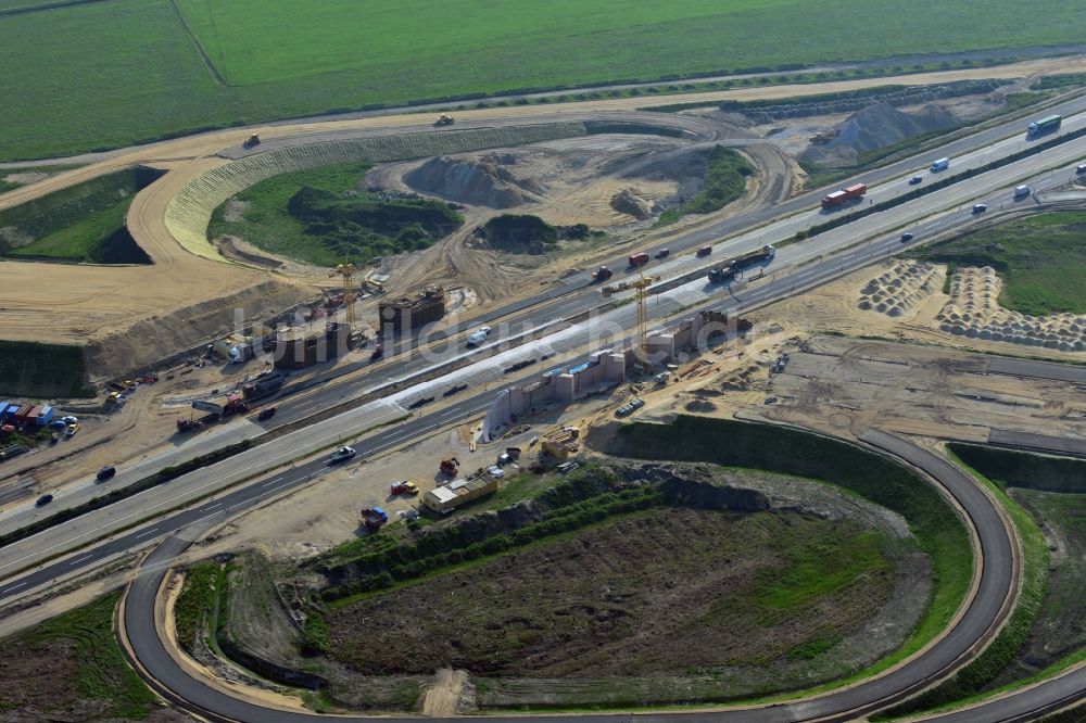 Wöbbelin von oben - Um- und Ausbau des AD Autobahndreieck Schwerin an der BAB Autobahn A14 und A24 bei Wöbbelin in Mecklenburg-Vorpommern