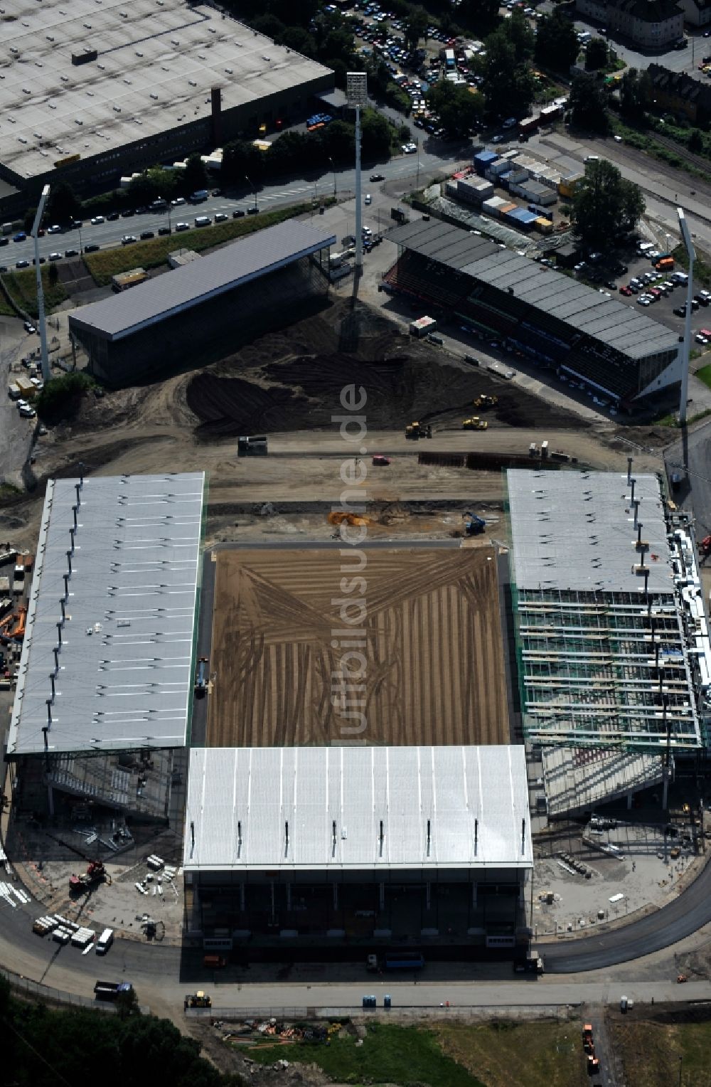 Essen aus der Vogelperspektive: Umbau des Areales am Georg-Melches-Stadion vom Fußballclub Rot-Weiss Essen in der Stadt Essen, Nordrhein-Westfalen