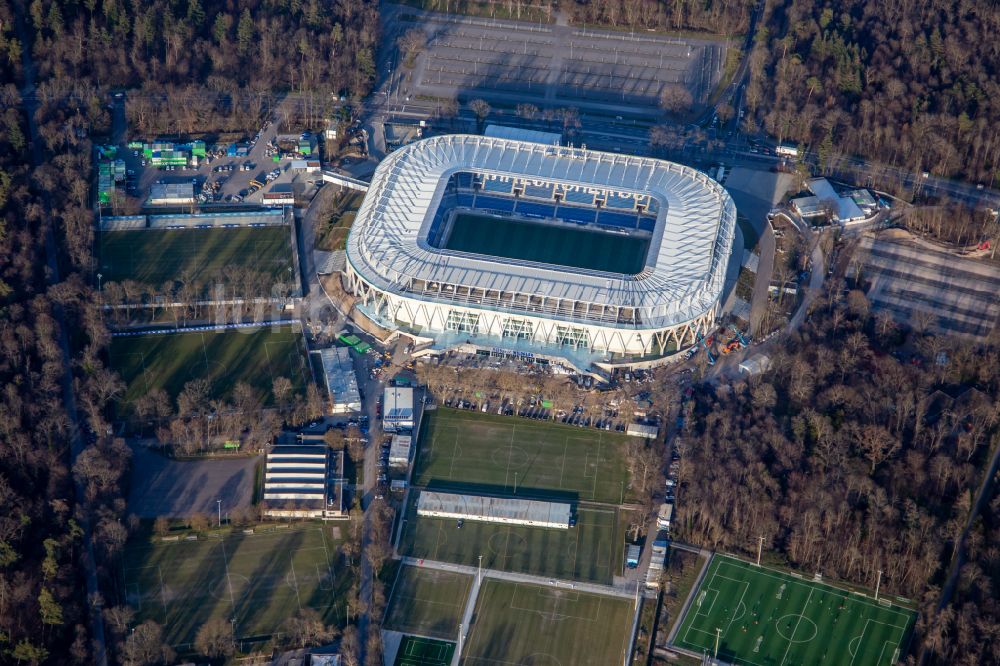 Luftaufnahme Karlsruhe - Umbau- Baustelle am Sportstätten-Gelände des KSC-Stadion Wildparkstadion in Karlsruhe im Bundesland Baden-Württemberg, Deutschland