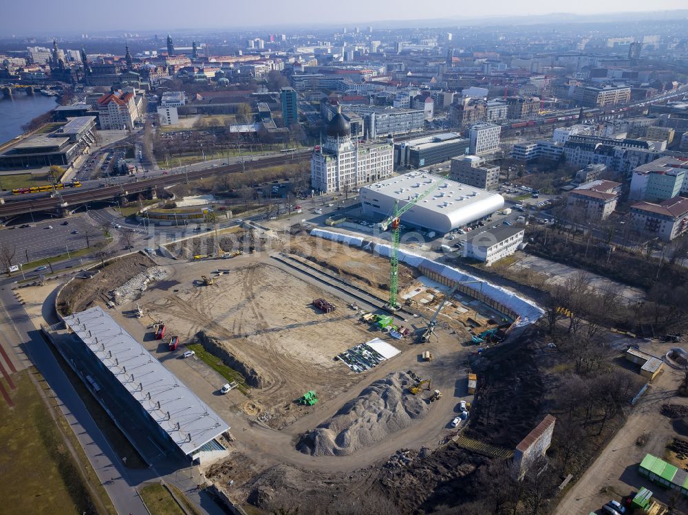 Dresden aus der Vogelperspektive: Umbau- Baustelle am Sportstätten-Gelände des Stadion Heinz-Steyer-Stadion in Dresden im Bundesland Sachsen, Deutschland