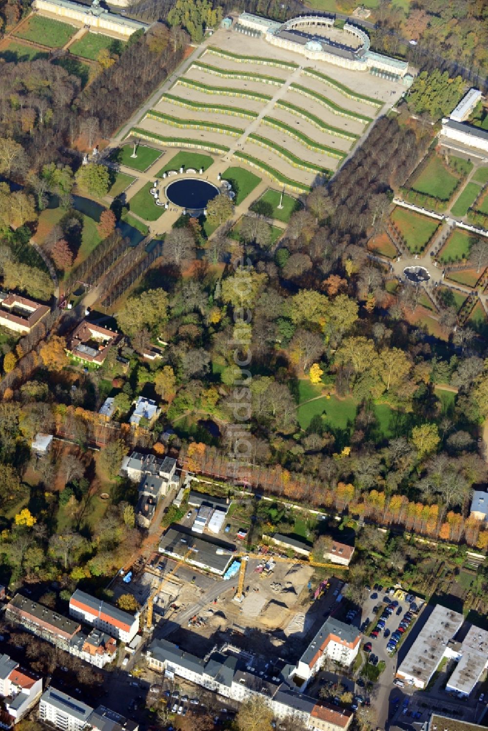 Luftaufnahme Potsdam - Umbauarbeiten für Depot und Werkstätten Neubau der Schlösserstiftung an der Zimmerstraße in Potsdam im Bundesland Brandenburg