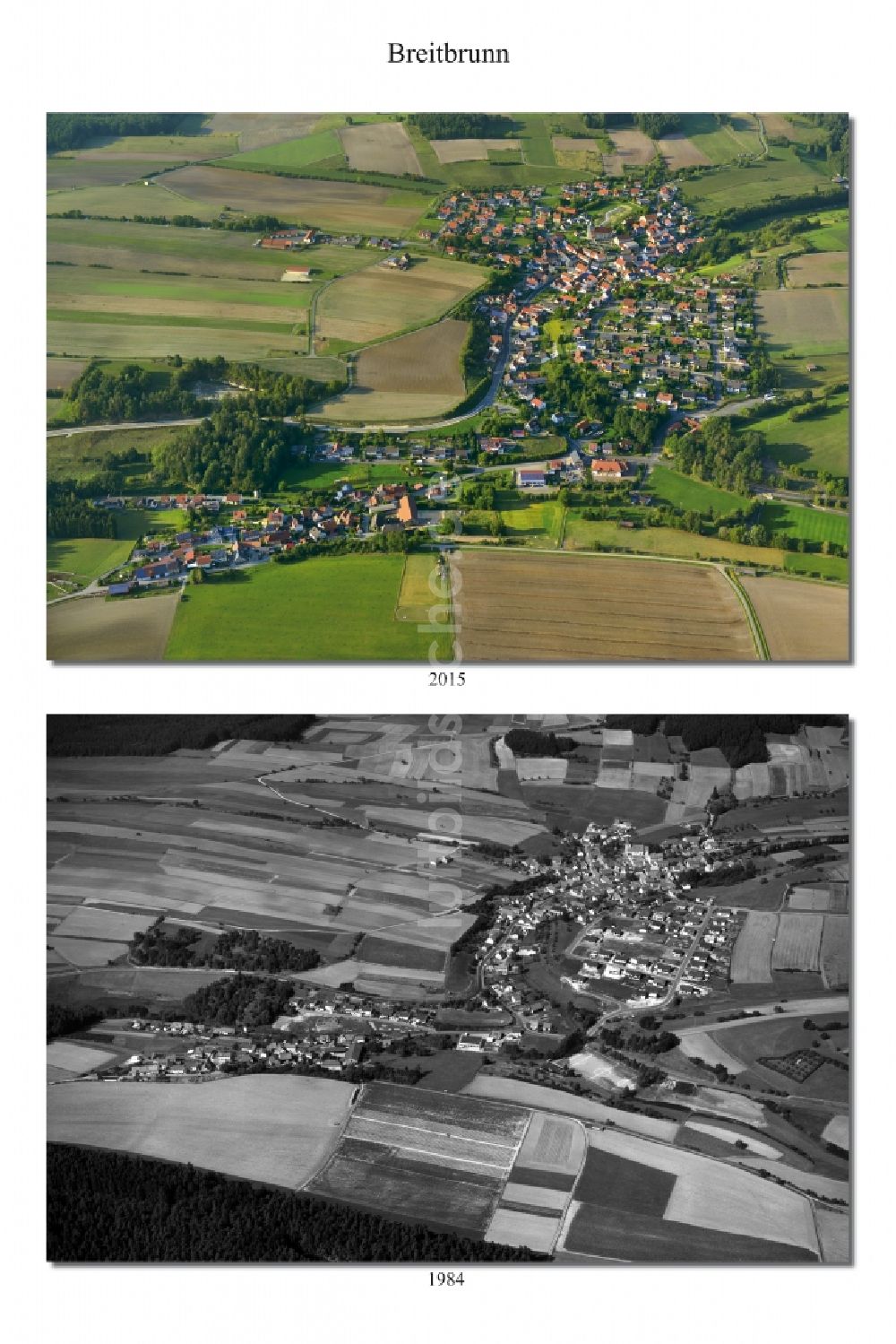 Breitbrunn-Hermannsberg von oben - 1984 und 2015 Wandel der Dorf - Ansicht von Breitbrunn-Hermannsberg im Bundesland Bayern