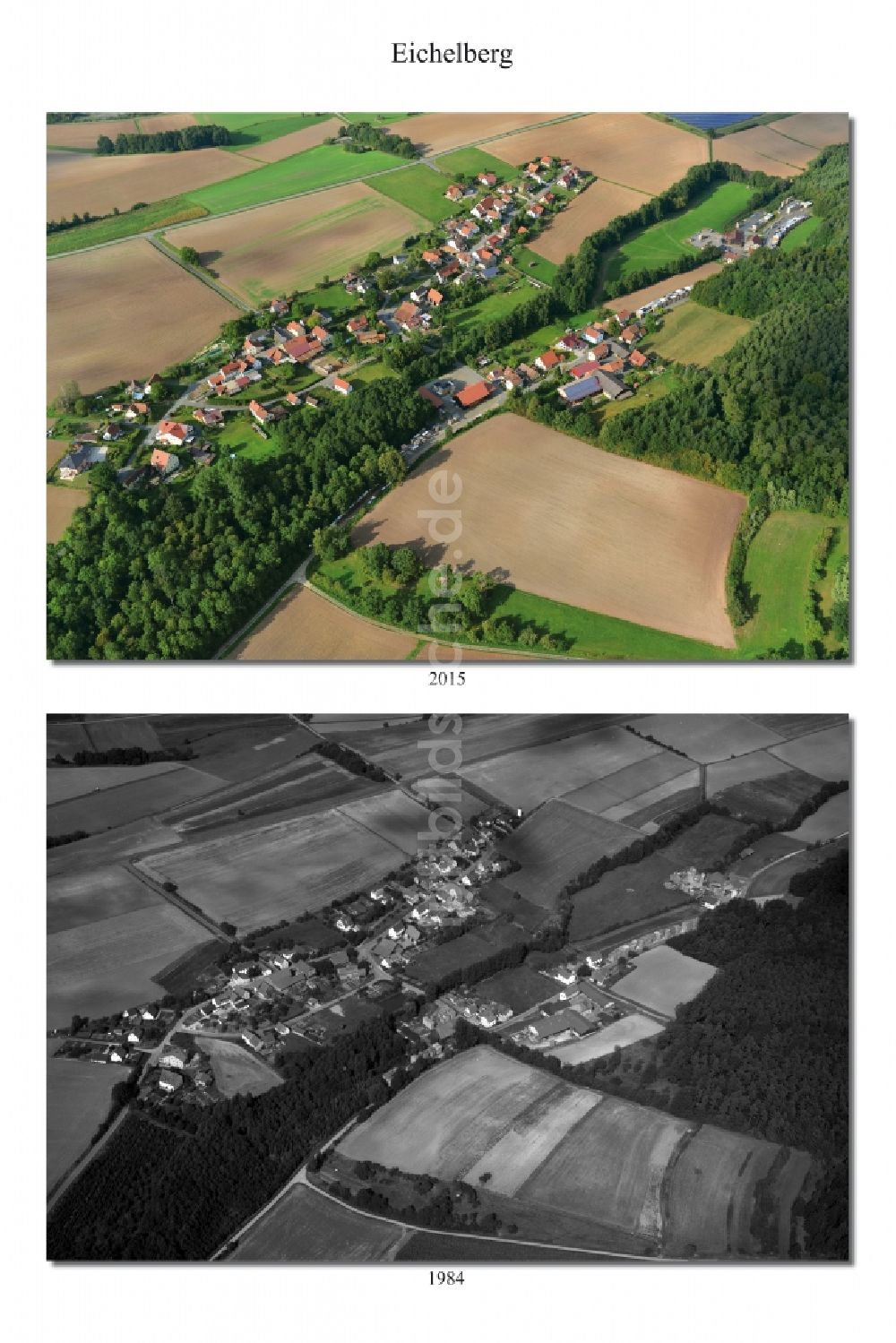 Luftaufnahme Ebern OT Eichelberg - 1981 und 2015 Wandel der Dorf - Ansicht von Eichelberg ein Ortsteil von Ebern im Landkreis Haßberge im Bundesland Bayern