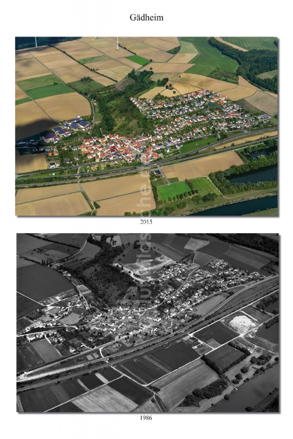 Luftbild Gädheim - 1986 und 2015 Wandel der Dorf - Ansicht von Gädheim im Landkreis Haßberge im Bundesland Bayern