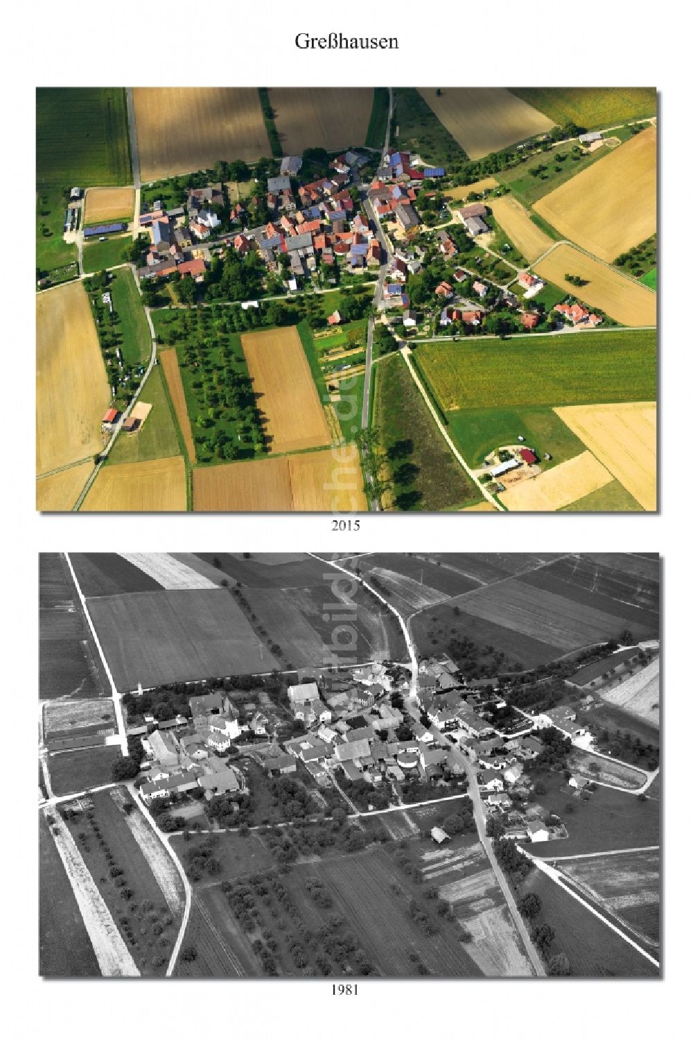 Greßhausen aus der Vogelperspektive: 1981 und 2015 Wandel der Dorf - Ansicht von Greßhausen im Landkreis Haßberge im Bundesland Bayern