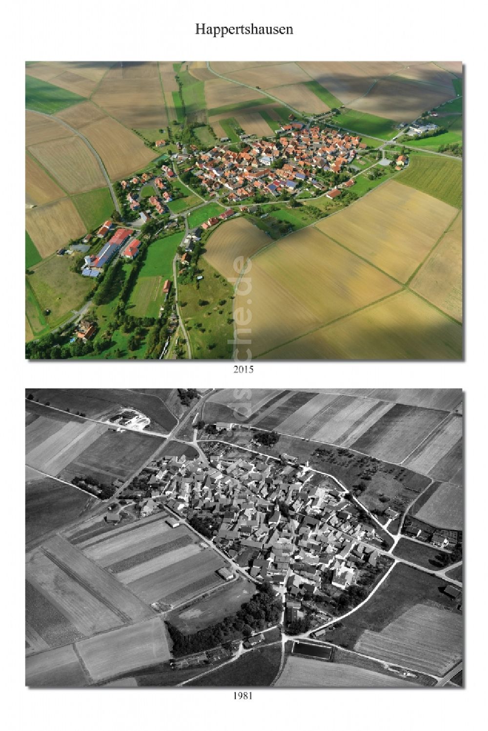 Happertshausen von oben - 1981 und 2015 Wandel der Dorf - Ansicht von Happertshausen im Landkreis Haßberge im Bundesland Bayern