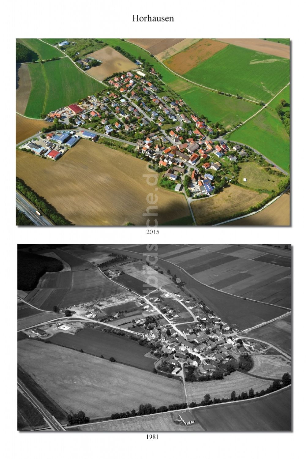 Luftbild Theres OT Horhausen - 1981 und 2015 Wandel der Dorf - Ansicht von Horhausen im Landkreis Haßberge im Bundesland Bayern