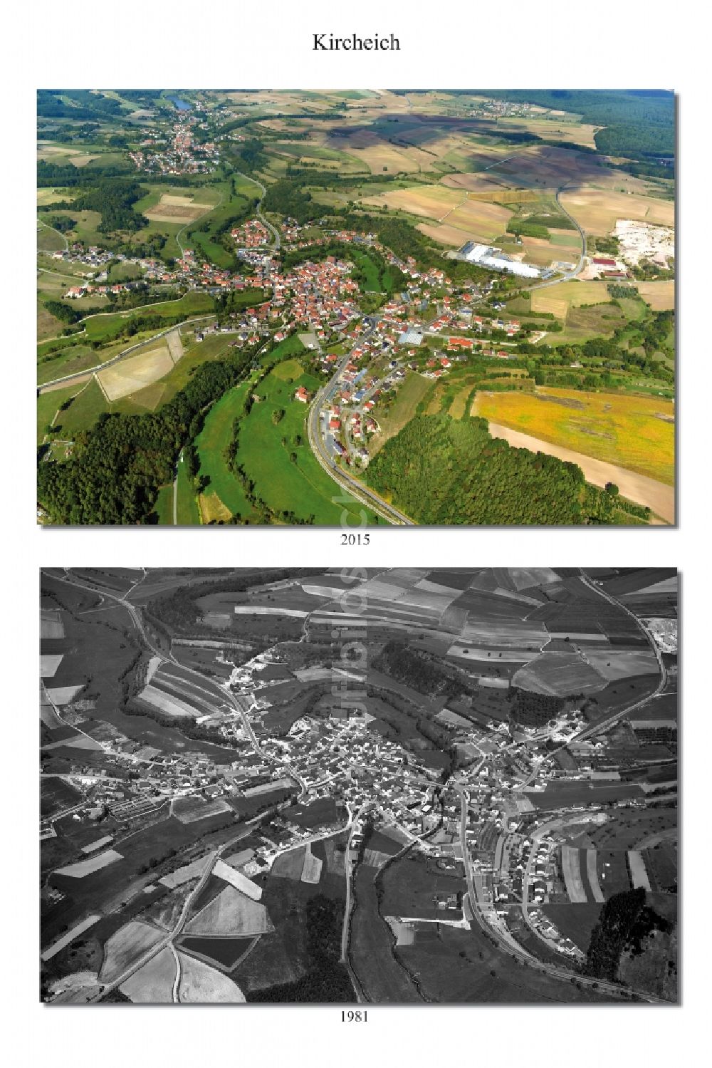 Kirchaich aus der Vogelperspektive: 1981 und 2015 Wandel der Dorf - Ansicht von Kirchaich im Bundesland Bayern