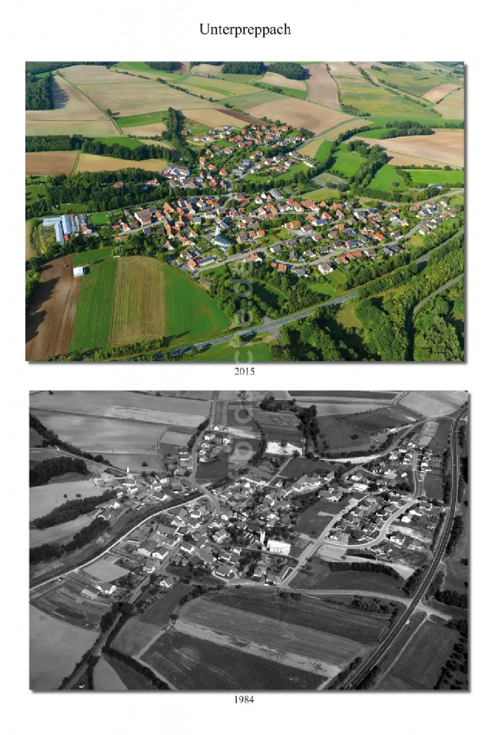 Luftbild Unterpreppach - 1984 und 2015 Wandel der Dorf - Ansicht in Unterpreppach im Landkreis Haßberge im Bundesland Bayern