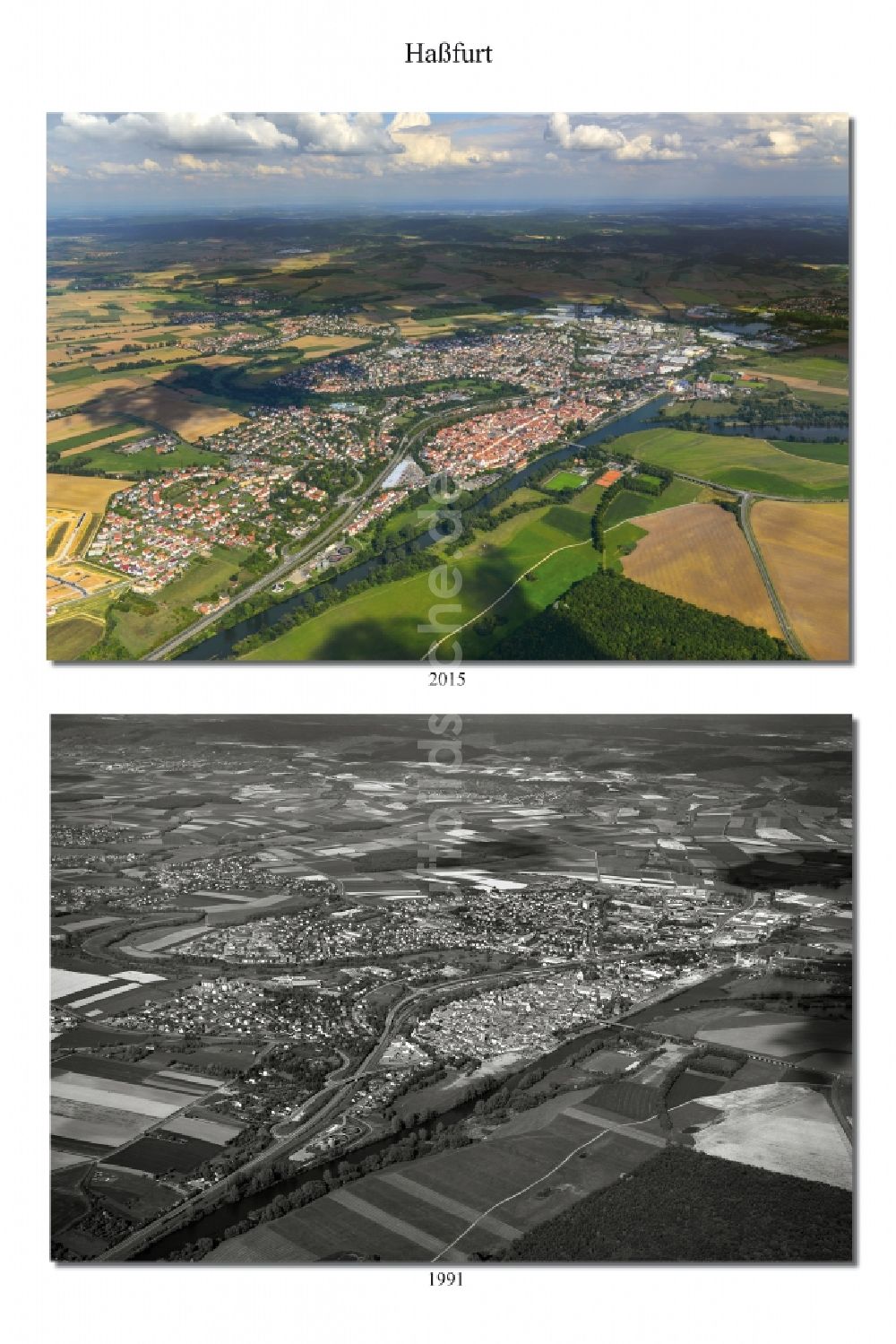 Haßfurt aus der Vogelperspektive: 1991 und 2015 Wandel der Stadt - Ansicht von Haßfurt im Landkreis Haßfurt im Bundesland Bayern