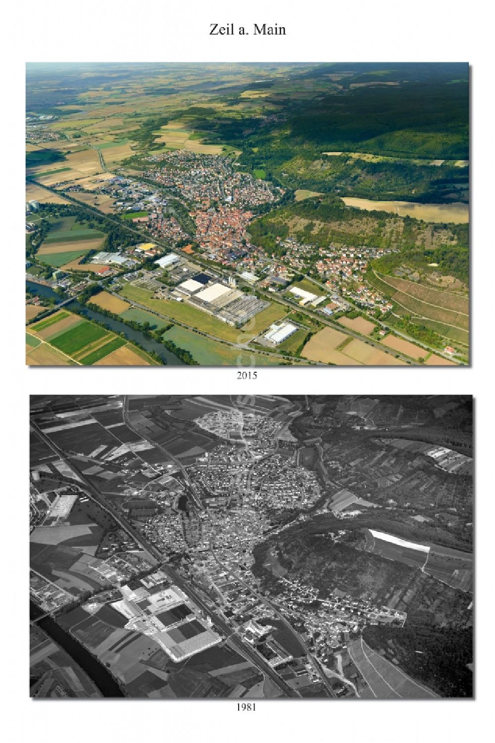 Luftbild Zeil - 1981 und 2015 Wandel der Stadtansicht von Zeil im Landkreis Haßberge im Bundesland Bayern