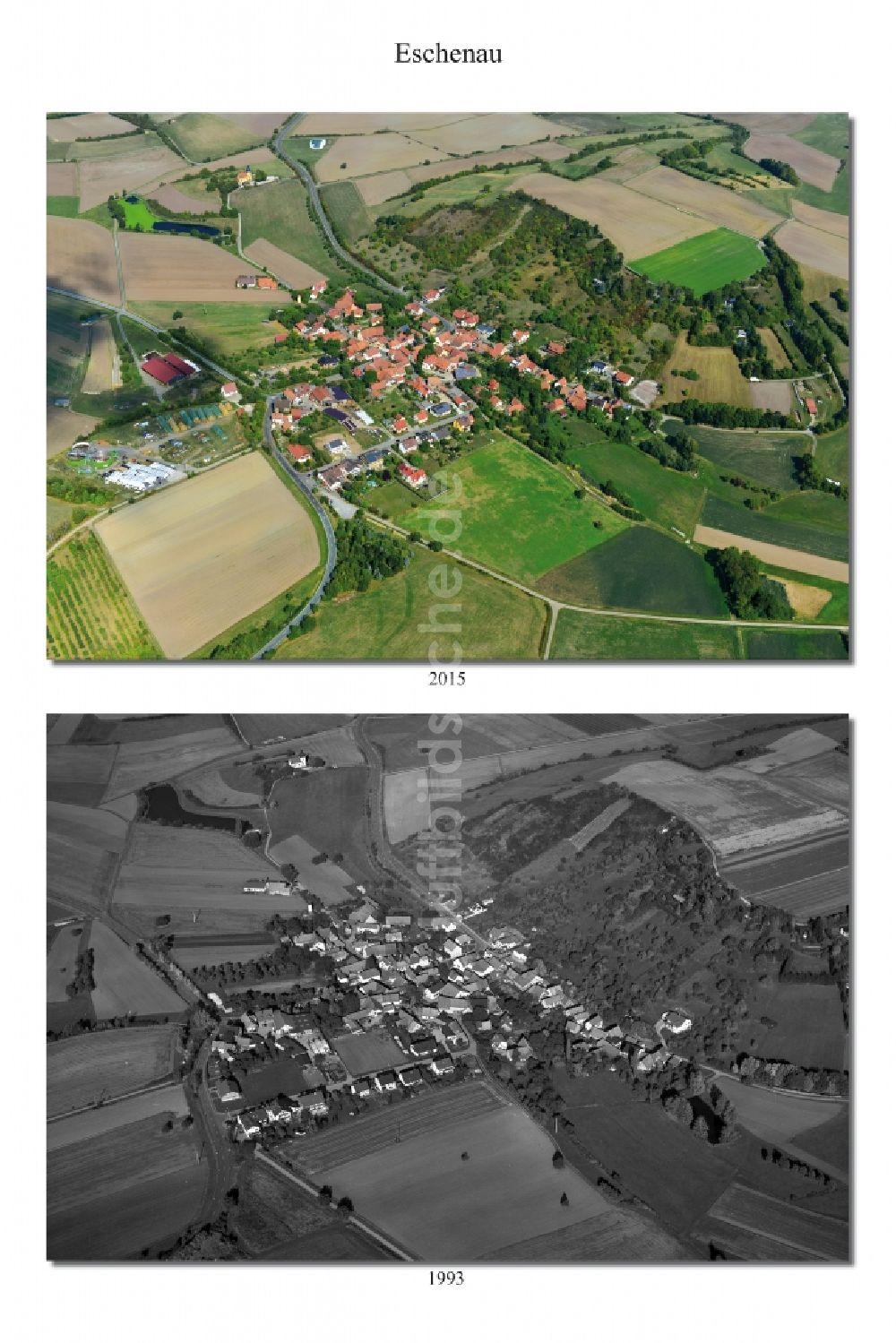 Knetzgau OT Eschenau von oben - 1993 und 2015 im Wandel der Zeit, Dorf - Ansicht von Eschenau im Landkreis Haßberge im Bundesland Bayern