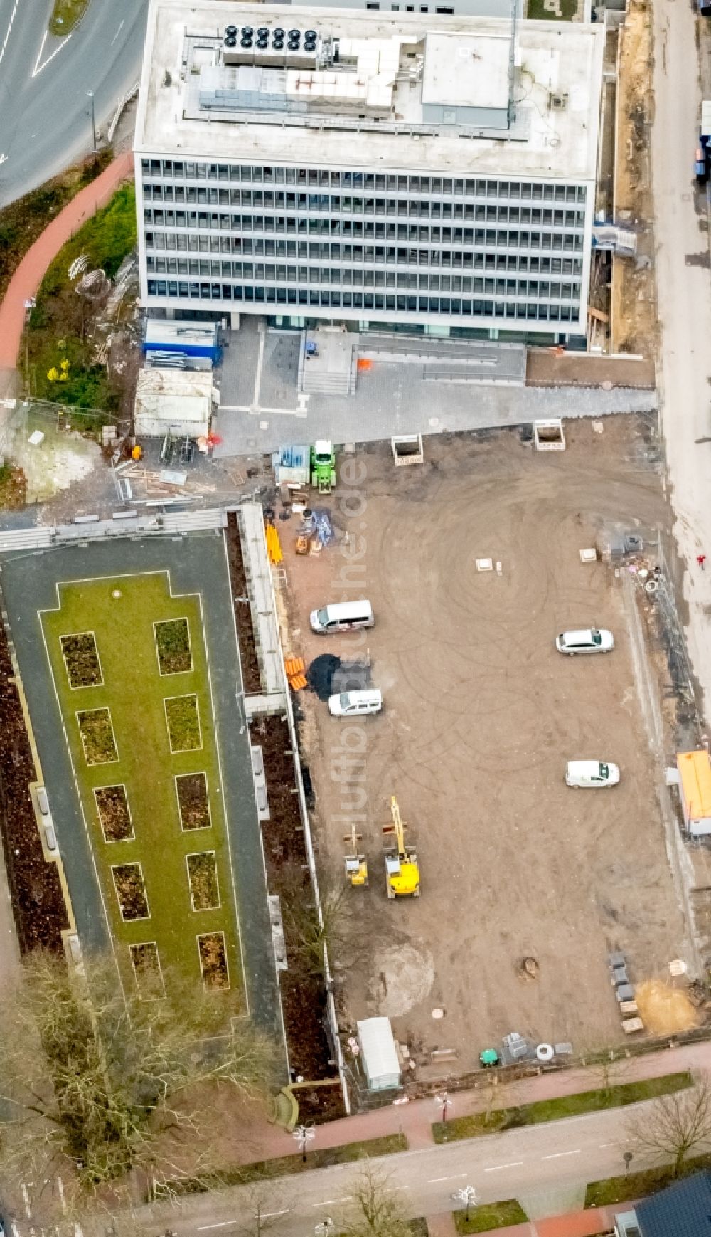 Hamm von oben - Unternehmen- Verwaltungsgebäude Stadtwerkehaus mit Rosengarten im Ortsteil Mitte in Hamm im Bundesland Nordrhein-Westfalen, Deutschland