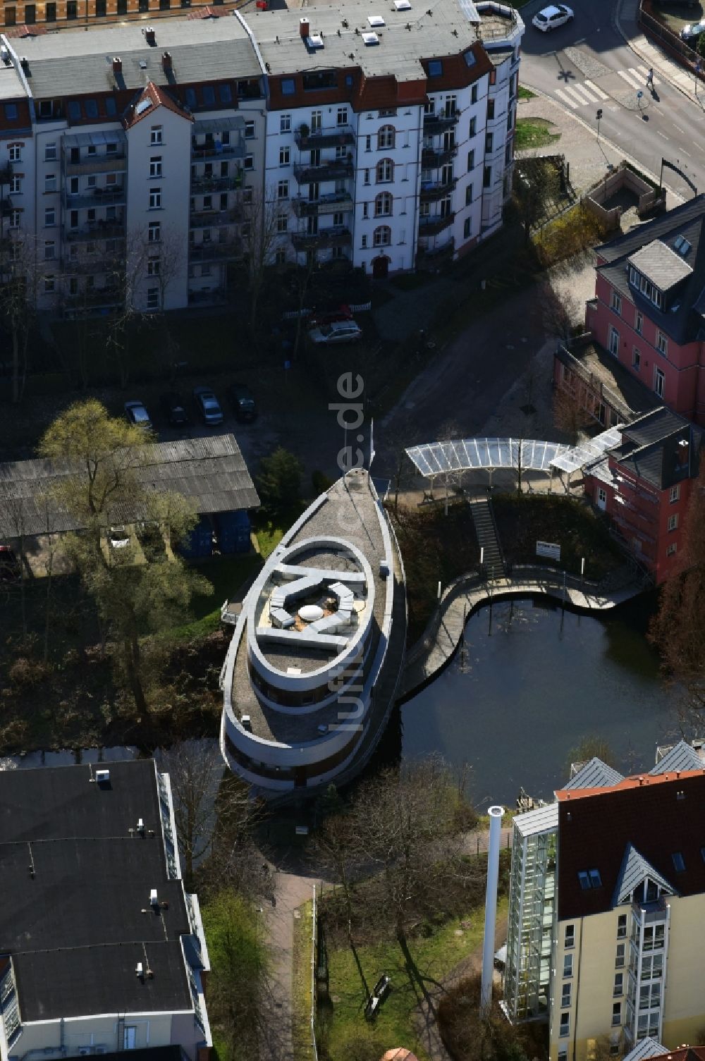 Leipzig von oben - Veranstaltungshalle Kulturhafen am Riverboat in Leipzig im Bundesland Sachsen, Deutschland