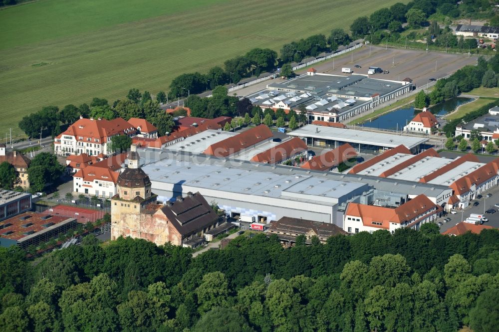 Luftaufnahme Dresden - Veranstaltungshalle Ostrapark - Zentrum für Eventkultur am Messering in Dresden im Bundesland Sachsen