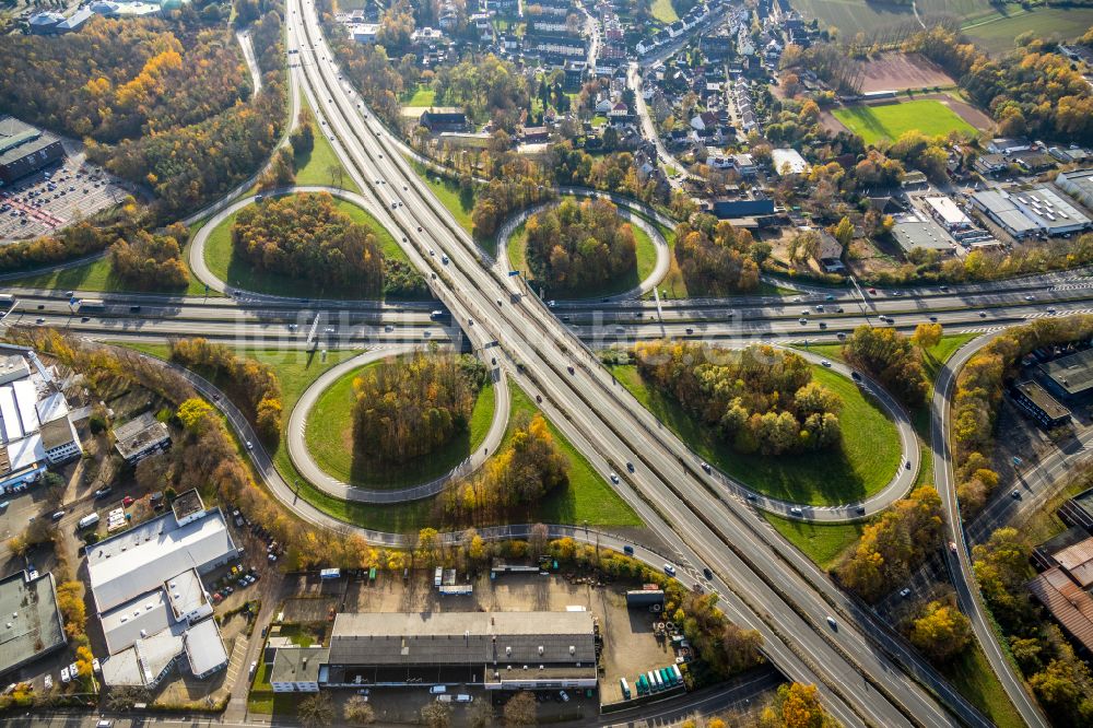 Luftbild Bochum - Verkehrsführung am Autobahnkreuz der BAB A40 und der BAB A43 in Bochum im Bundesland Nordrhein-Westfalen, Deutschland