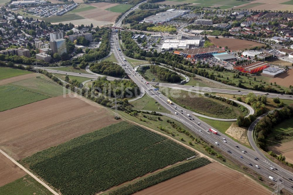 Mainz von oben - Verkehrsführung am Autobahnkreuz Mainz Süd der BAB A60 und A63 in Mainz im Bundesland Rheinland-Pfalz