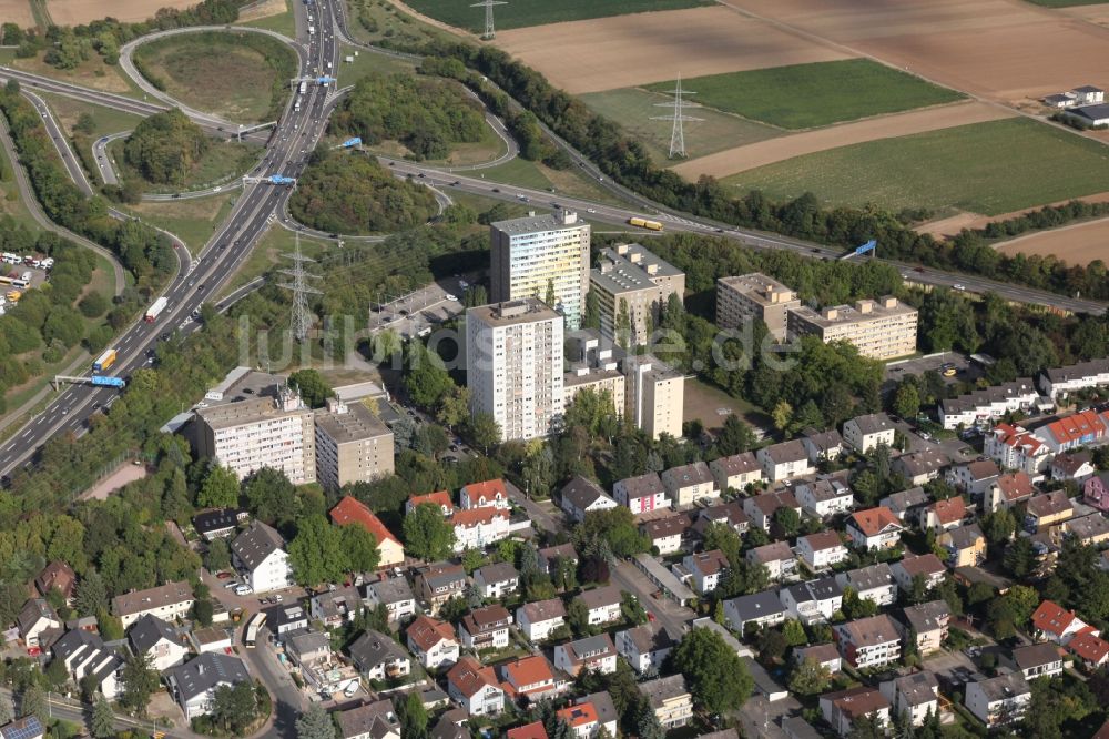 Luftaufnahme Mainz - Verkehrsführung am Autobahnkreuz Mainz Süd der BAB A60 und A63 in Mainz im Bundesland Rheinland-Pfalz