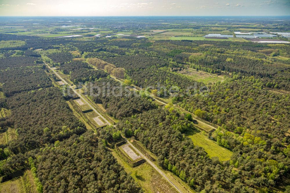 Luftaufnahme Brüggen - Verlassener Bunker- Gebäudekomplex und Munitionsdepots in einem Waldgebiet des Naturschutzgebiet NSG Brachter Wald in Brüggen im Bundesland Nordrhein-Westfalen, Deutschland