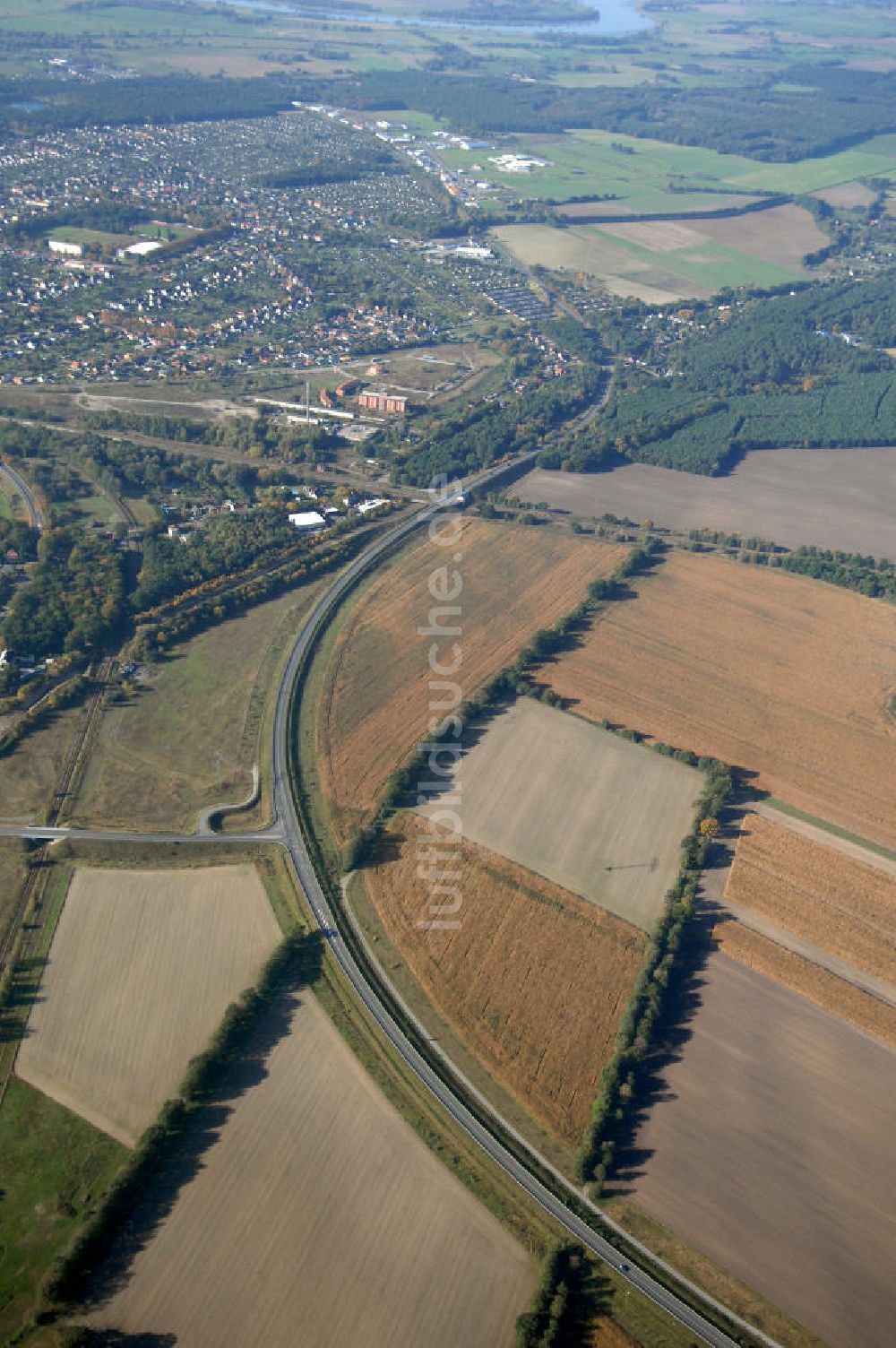 Weisen aus der Vogelperspektive: Verlauf Bundesstrasse 189 von Wittenberge bis Wittstock