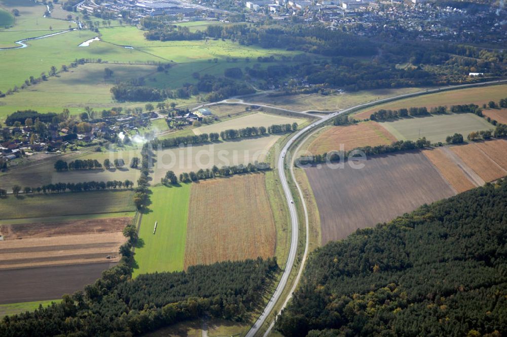 Weisen aus der Vogelperspektive: Verlauf Bundesstrasse 189 von Wittenberge bis Wittstock