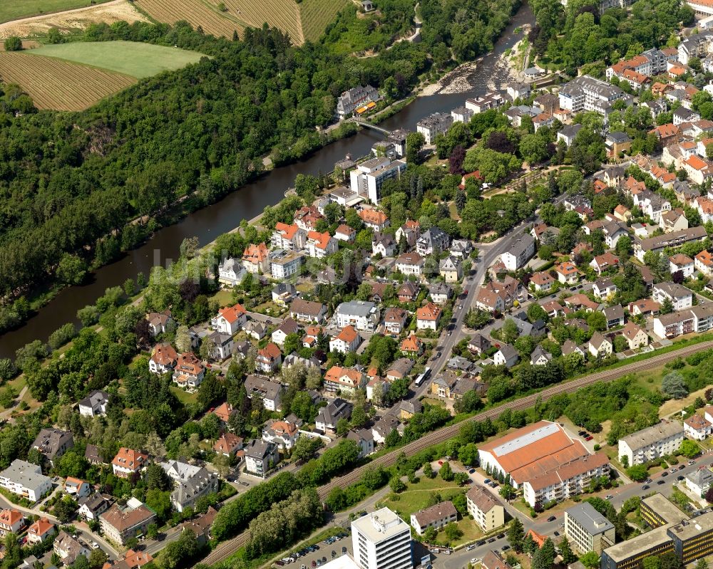 Luftaufnahme Bad Kreuznach - Verlauf des Flusses Nahe im Westen von Bad Kreuznach im Bundesland Rheinland-Pfalz