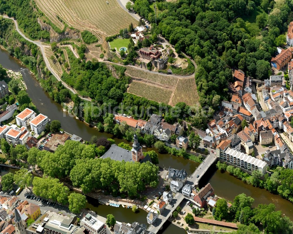 Bad Kreuznach aus der Vogelperspektive: Verlauf des Flusses Nahe im Westen von Bad Kreuznach im Bundesland Rheinland-Pfalz