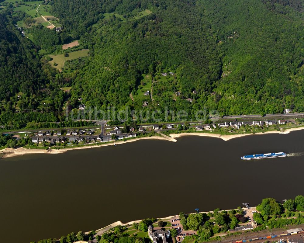 Koblenz von oben - Verlauf des Rhein im Stadtteil Stolzenfels in Koblenz im Bundesland Rheinland-Pfalz