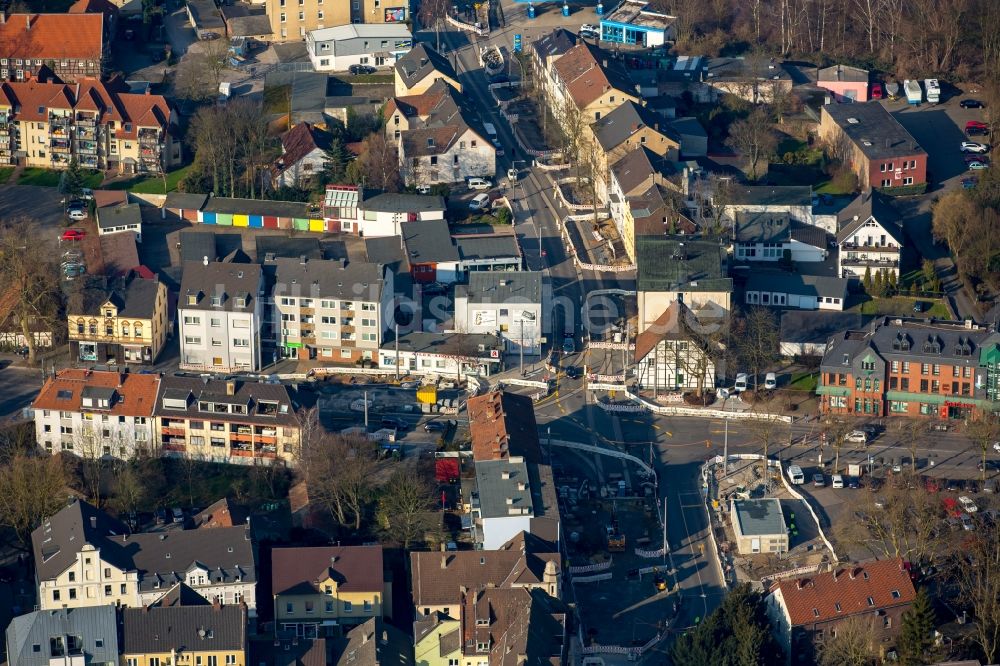 Bochum von oben - Verlauf der Straßenkreuzung Hauptstraße - Unterstraße - Oberstraße in Bochum im Bundesland Nordrhein-Westfalen