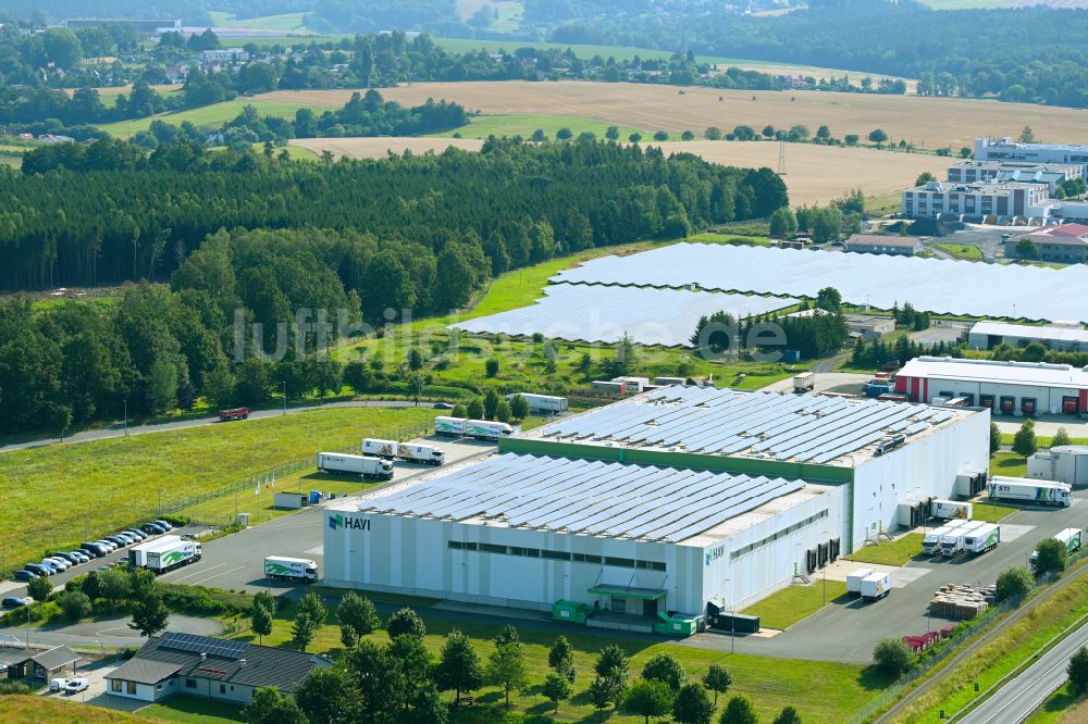 Luftaufnahme Lederhose - Verteilzentrum auf dem Gelände für Lebensmittel der HAVI Logistics in Lederhose im Bundesland Thüringen, Deutschland