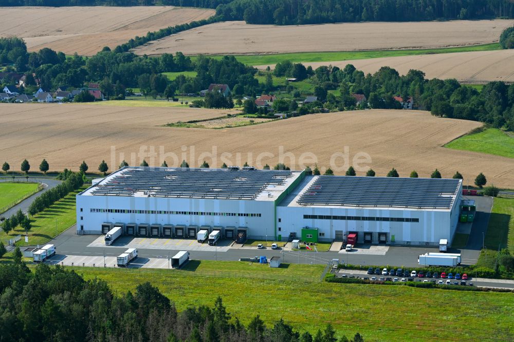 Luftaufnahme Lederhose - Verteilzentrum auf dem Gelände für Lebensmittel der HAVI Logistics in Lederhose im Bundesland Thüringen, Deutschland