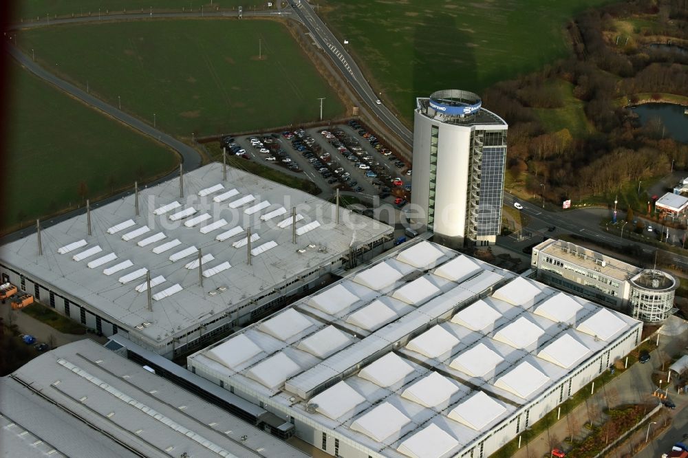 Zeulenroda-Triebes von oben - Verwaltungsgebäude des Unternehmens Bauerfeind AG an der Triebeser Straße in Zeulenroda-Triebes im Bundesland Thüringen